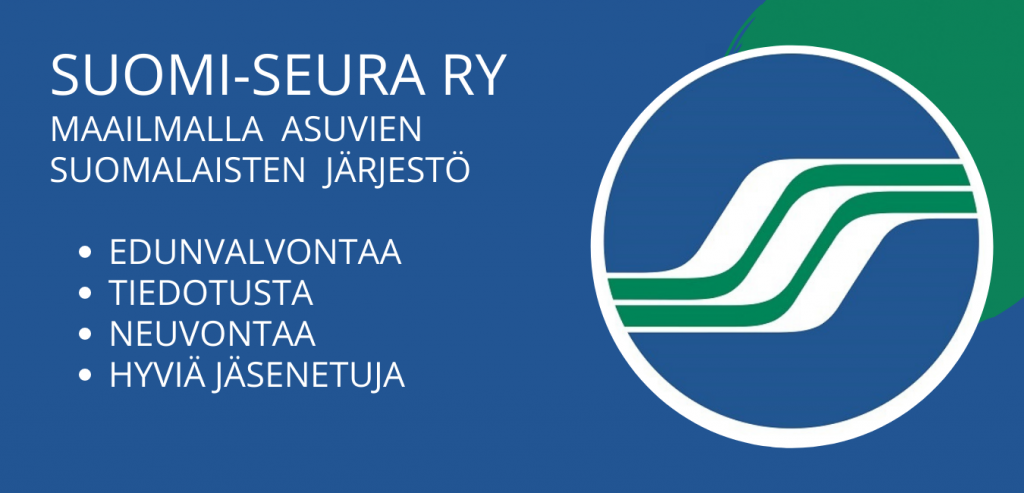 Finland Society logo and text. Suomi-Seura ry is an organization of Finns living in the world, which offers lobbying, information, counseling and good membership benefits.