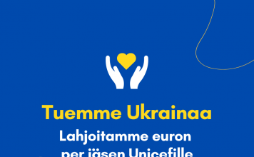 Tuemme Ukrainaa ja lahjoitamme euron per jäsen Unicefille.