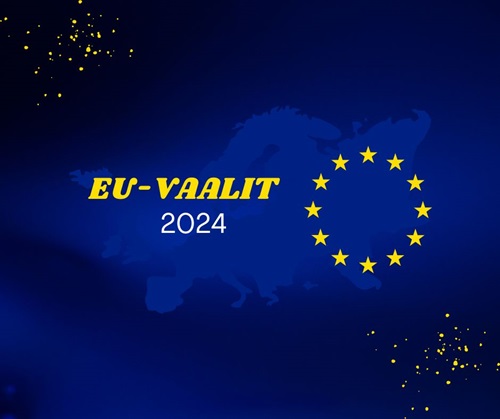 Euroopan kartta, jossa teksti EU-vaalit 2024 ja EU:n tähtikuvio.
